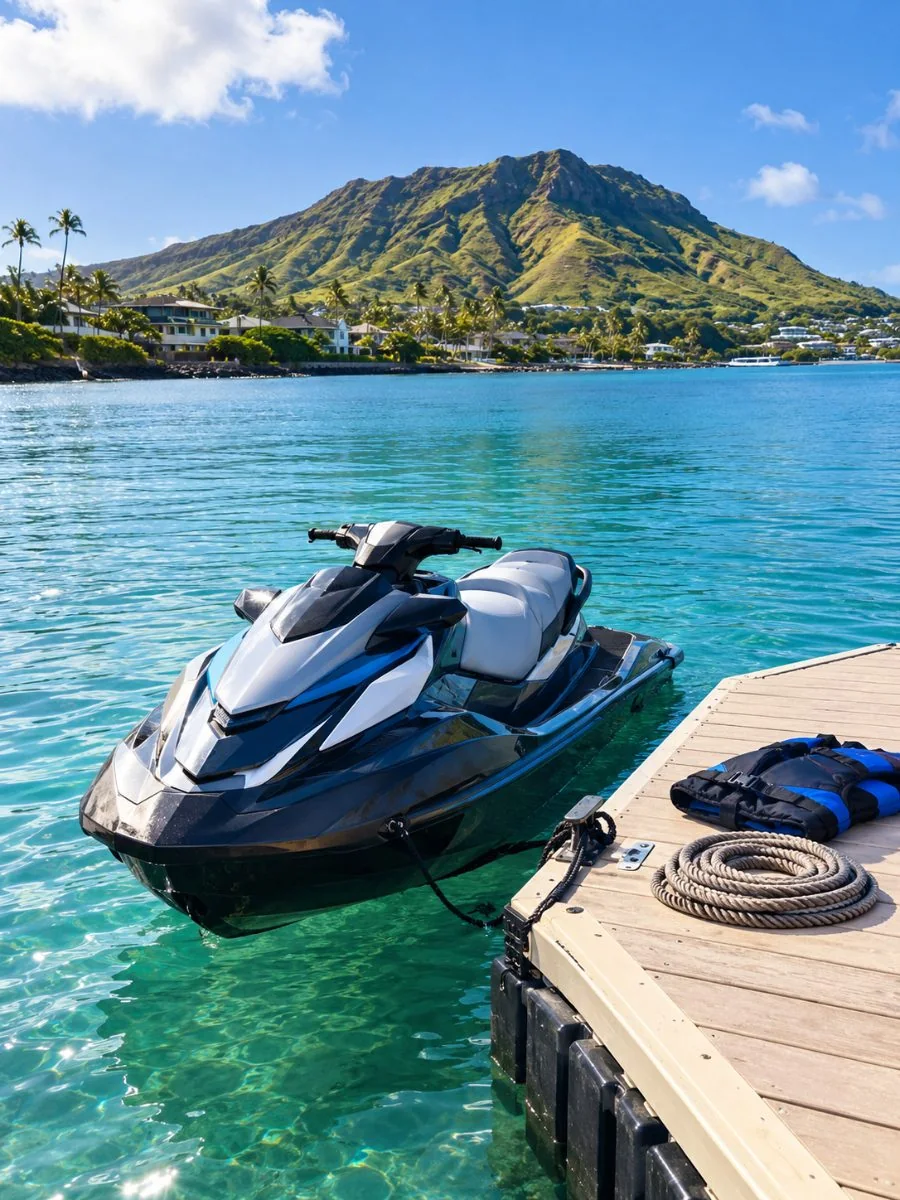 Una moto d'acqua ferma accanto a un pontile galleggiante nella baia di Maunalua con Koko Head alle spalle nella luce del mattino